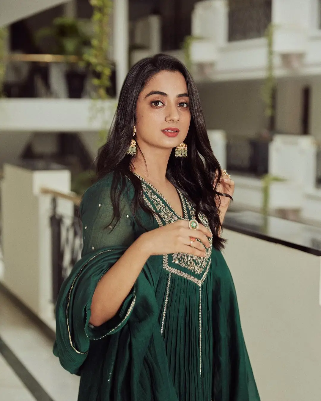 Namitha Pramod Wearing Beautiful Earring Designer Green Dress